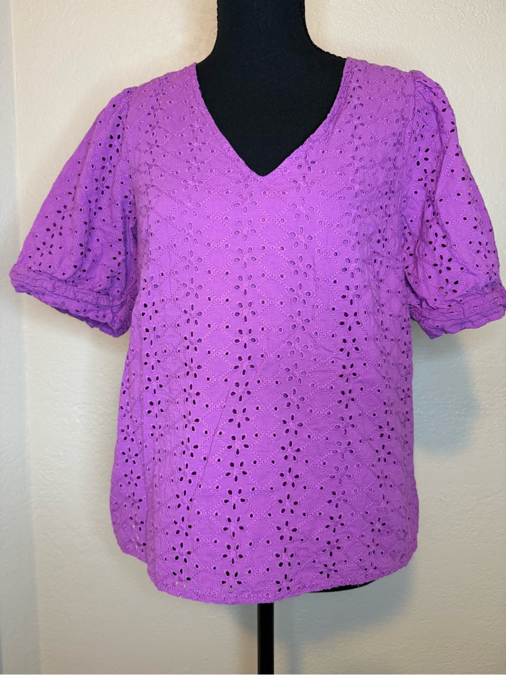 Draper James Lavender Eyelet V-Neck Puff Sleeve Top